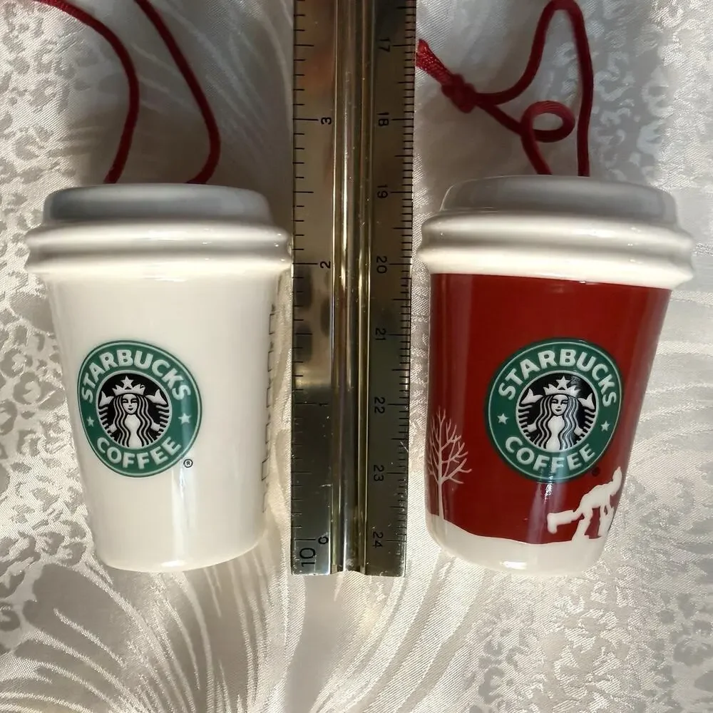 Starbucks 2006 Holiday Christmas Ornaments Set of 2 Travel To Go Cups Ceramic